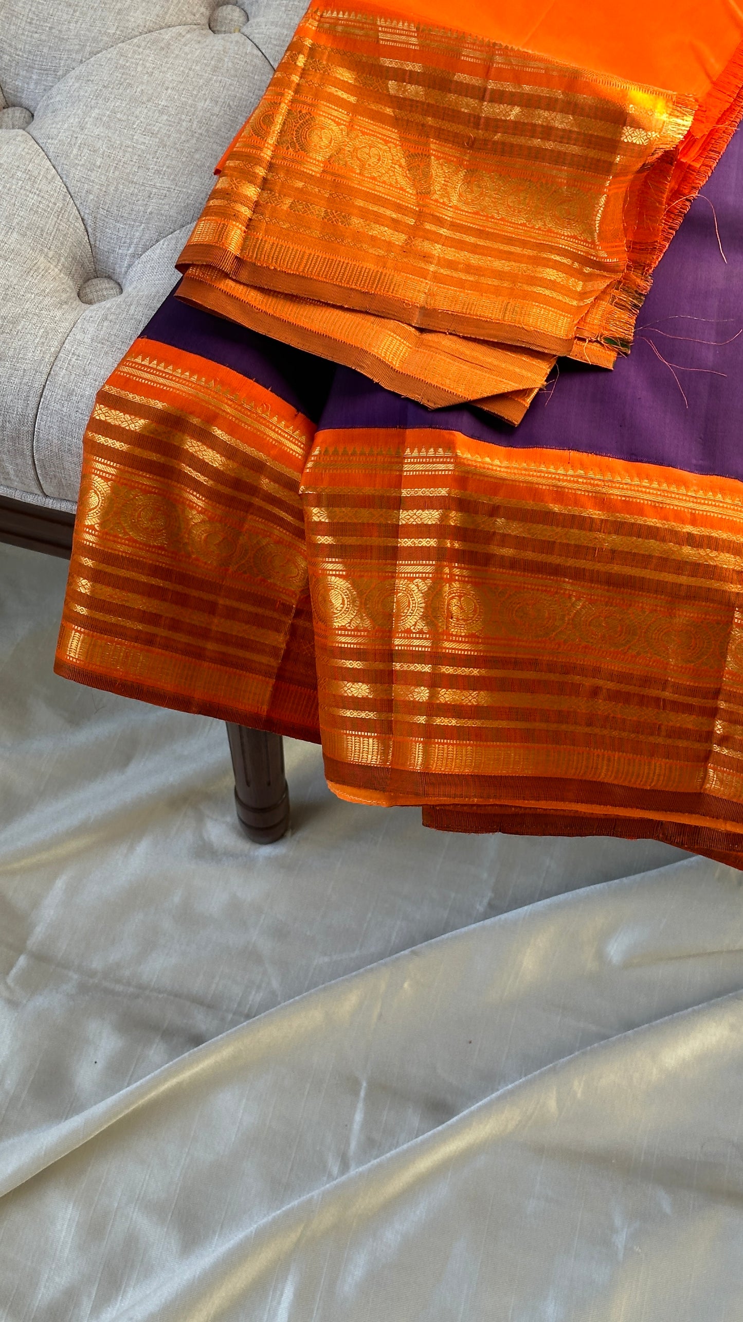 Pure silk Kanchipuram - silk mark - grape purple and tangerine orange