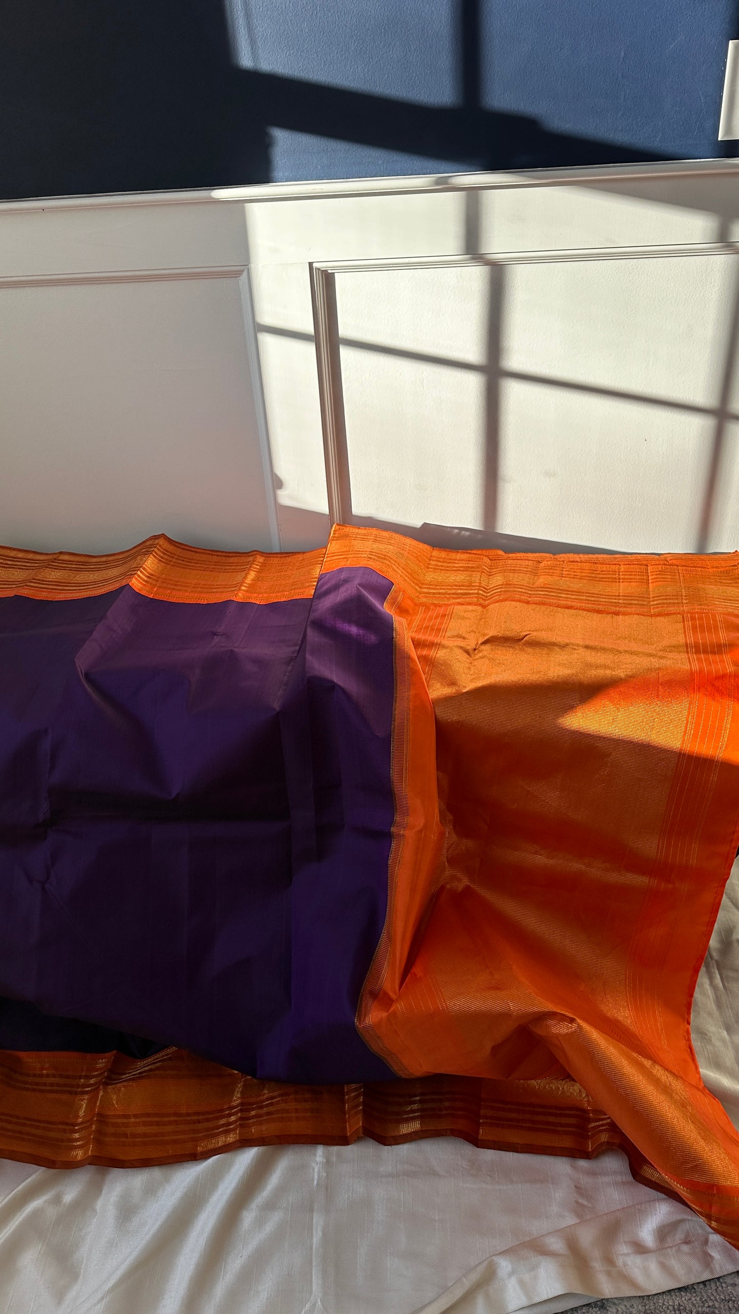 Pure silk Kanchipuram - silk mark - grape purple and tangerine orange