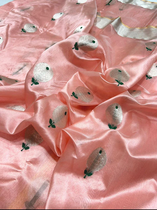 Blush Pink Pure Silk Chanderi Saree ✨ – Silver Zari Buttas, Pastel Silver Border with Gold Selvedge – Silk Mark Certified, Fall & Pico Done, Blouse Stitching Available, Free USA Shipping