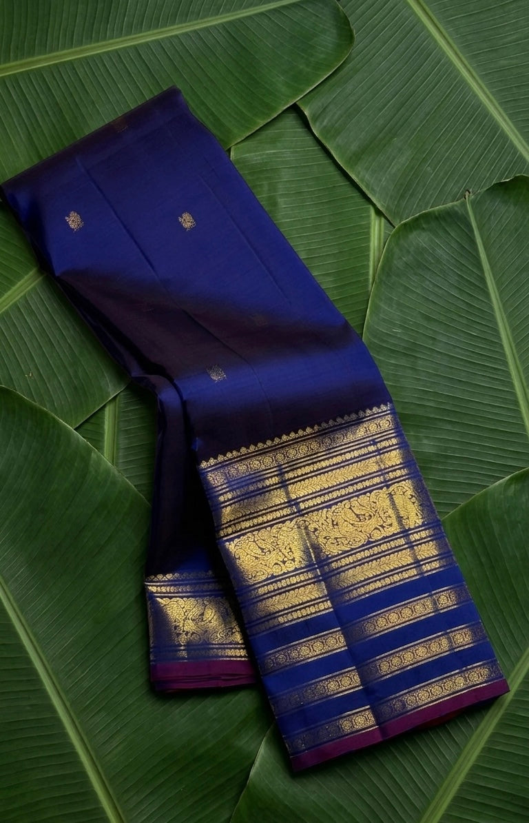 Amethyst Purple and Navy Double Shade Handwoven Pure Silk Kanchipuram Saree with Mayil Butta and Varisaipet Border