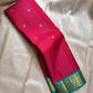 A Very unusual raspberry pink and teal vairaoosi pure silk Kanchipuram Mayil and coin zari buttas all over the boat on top of the zari stripes ! Detailed mayil paisley chakram grid pattern on Pallu 💕