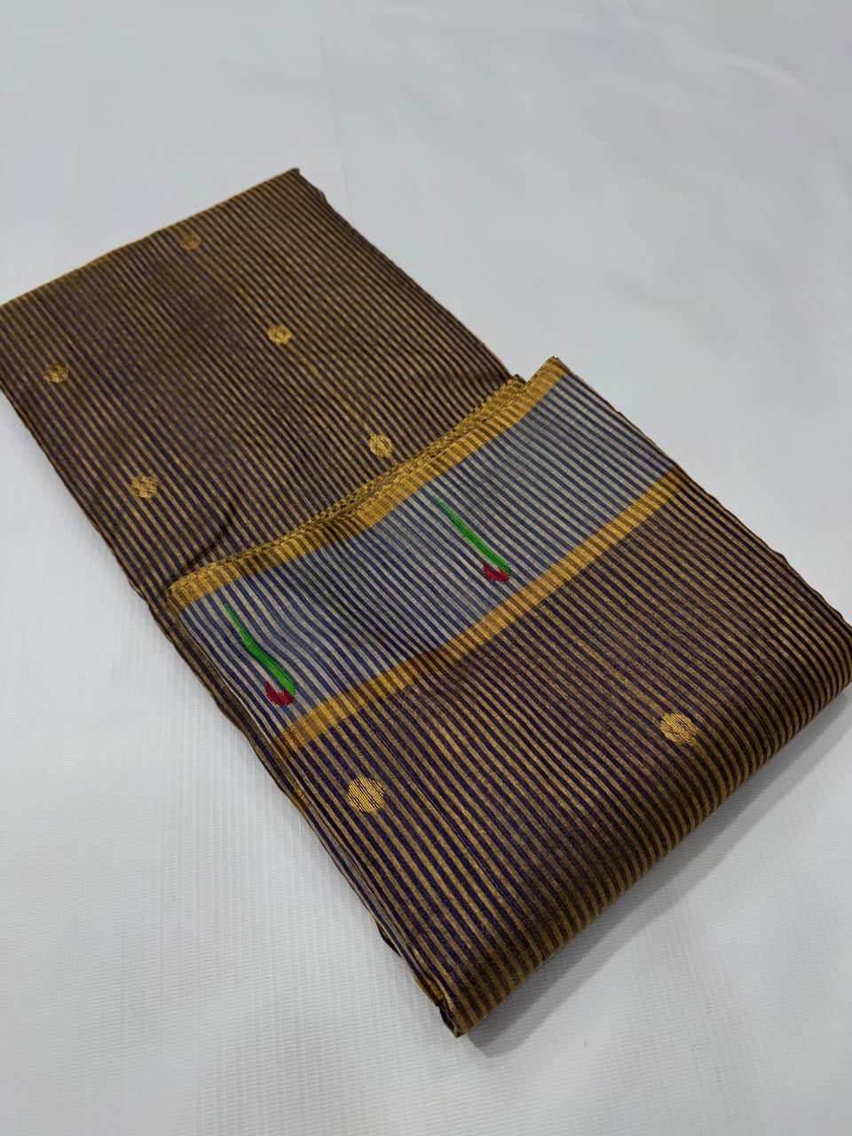 Antique Gold and Slate Blue Striped Pattu Silk Chanderi Saree, front and border view