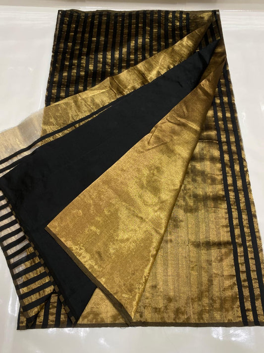 Black chanderi beauty adorned with gold zari pure chanderi tissue silk saree