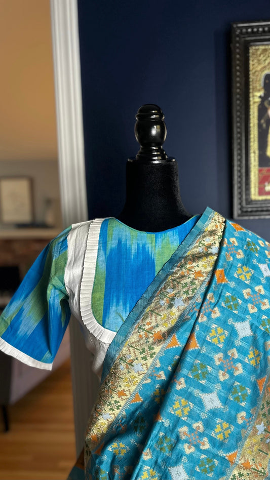 Blue,green and white Ikat pintuck blouse