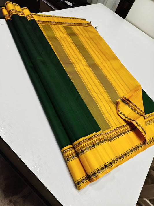 A traditional, classic, yellow and green and silk thread rudraksham  border