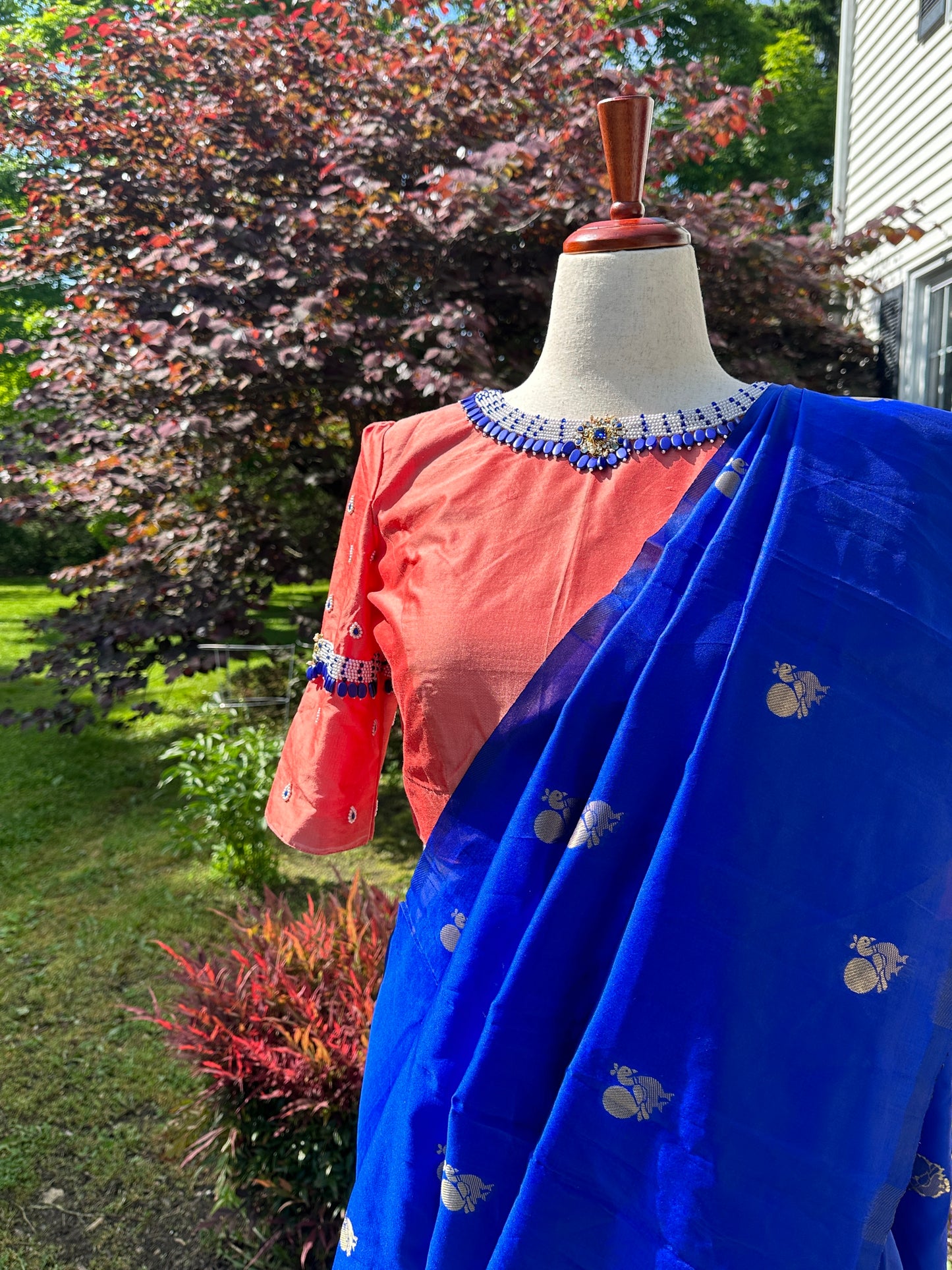 “Coral” - soft coral raw silk hand embroidered emerald beads silk blouse