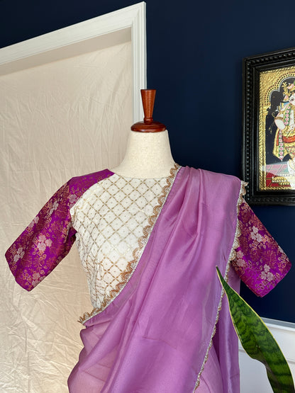 Pure banarasi silk blouse with pure tissue silk  saree - Cream and Lavender ( Rita series )