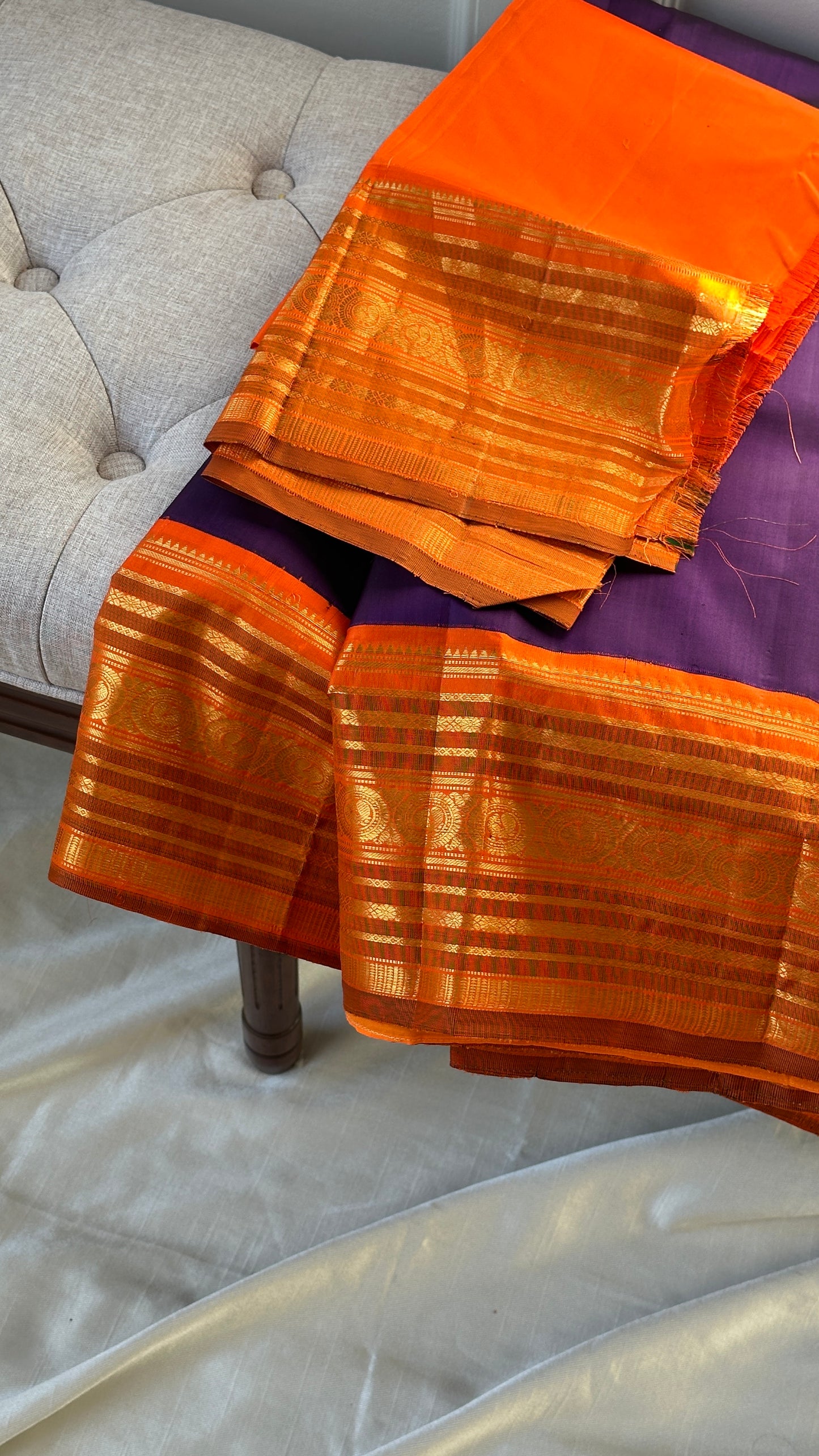 Pure silk Kanchipuram - silk mark - grape purple and tangerine orange