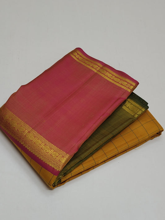 Mubbagam - Pure silk kanchipuram Mubbagam - manthulir , subtle rustic and peach pink with a stunning rudhraksham and paisley border