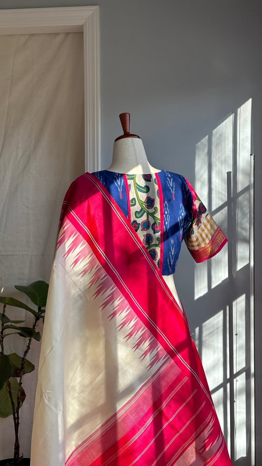 "Charu" collection - Ikat, kalamkari kasavu with zari border blouse