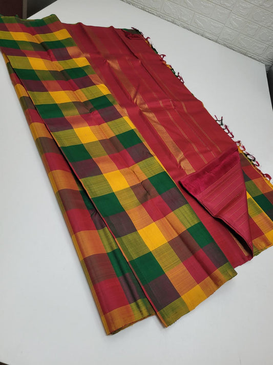 Swathy – Pure Silk Kanchipuram Saree with Paalum Palamum Checks, Borderless Design & Luxurious Zari Pallu (Silk Mark Certified, Handloom)