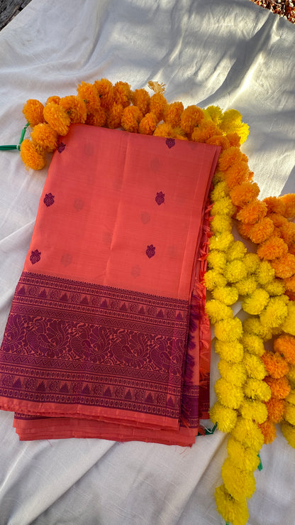 Kanchipuram pure silk no zari peach and purple - silk mark -