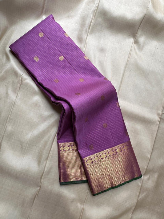 Challani – Regal Purple Kanchipuram Silk Saree with Zari Checks and Buttas & arai maadam Border and rudrakshapet with muthu seer