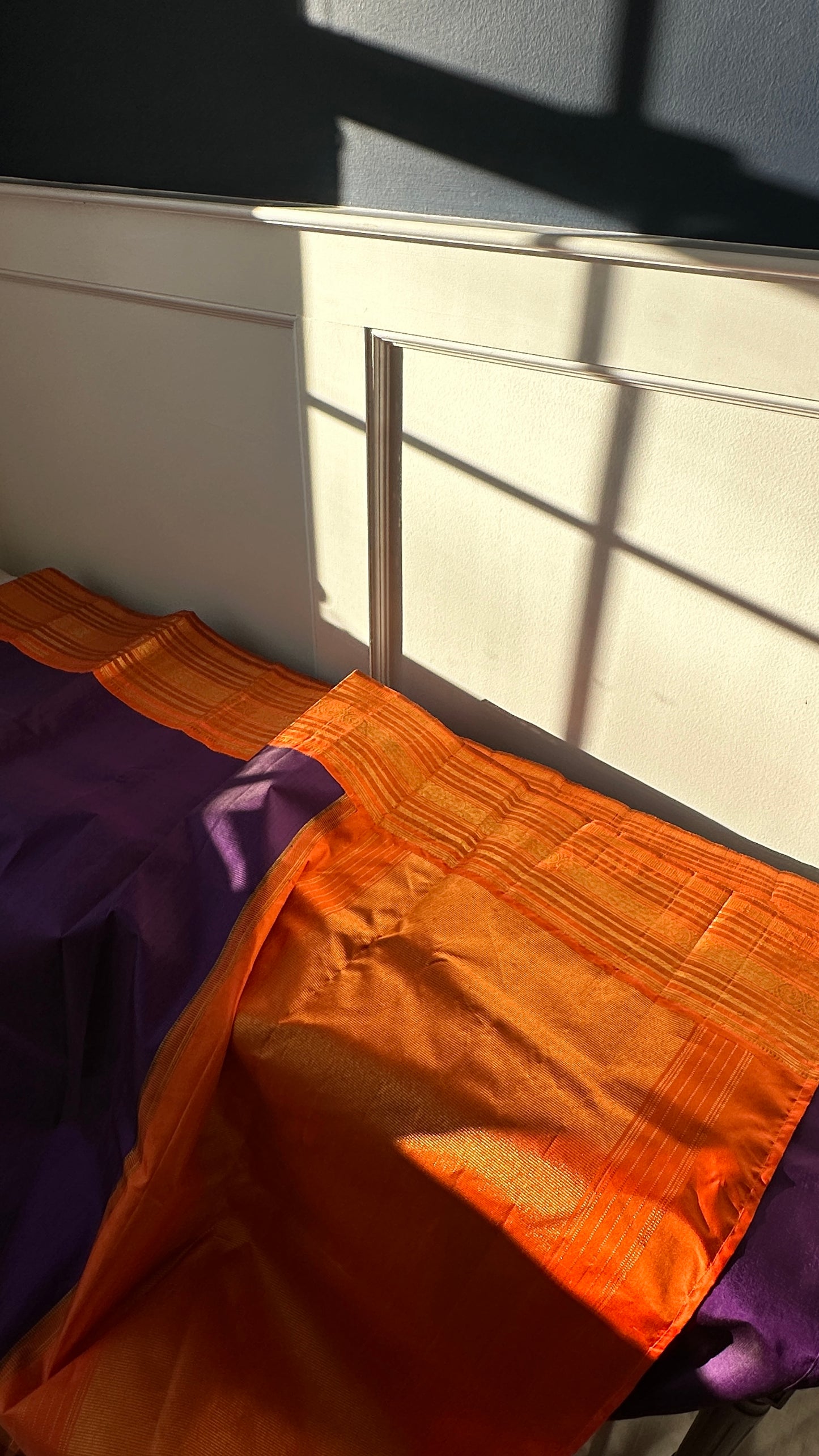 Pure silk Kanchipuram - silk mark - grape purple and tangerine orange