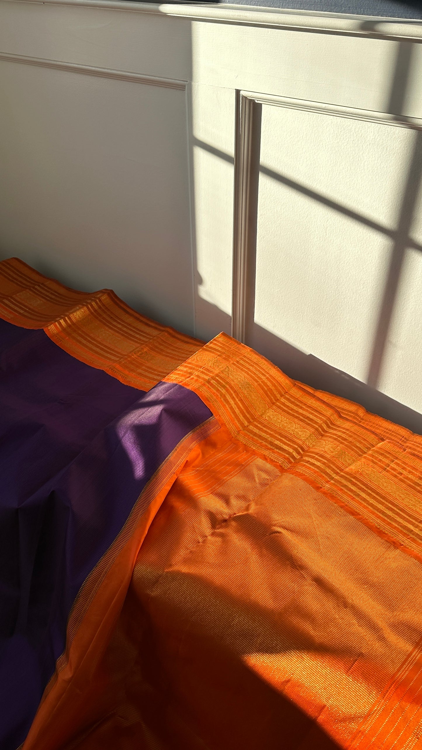 Pure silk Kanchipuram - silk mark - grape purple and tangerine orange