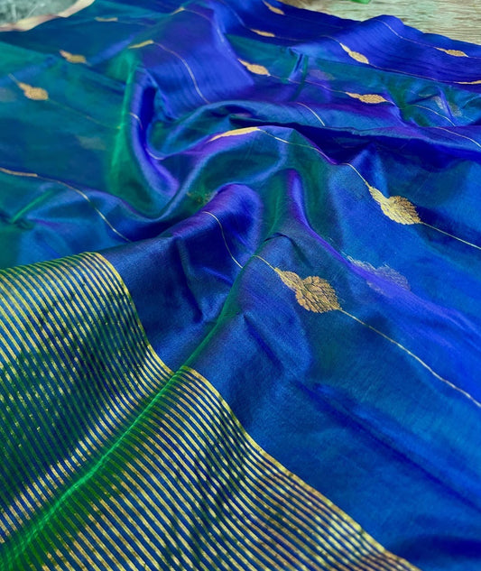 Peacock green blue Chanderi tissue silk saree with soft sheen and airy texture