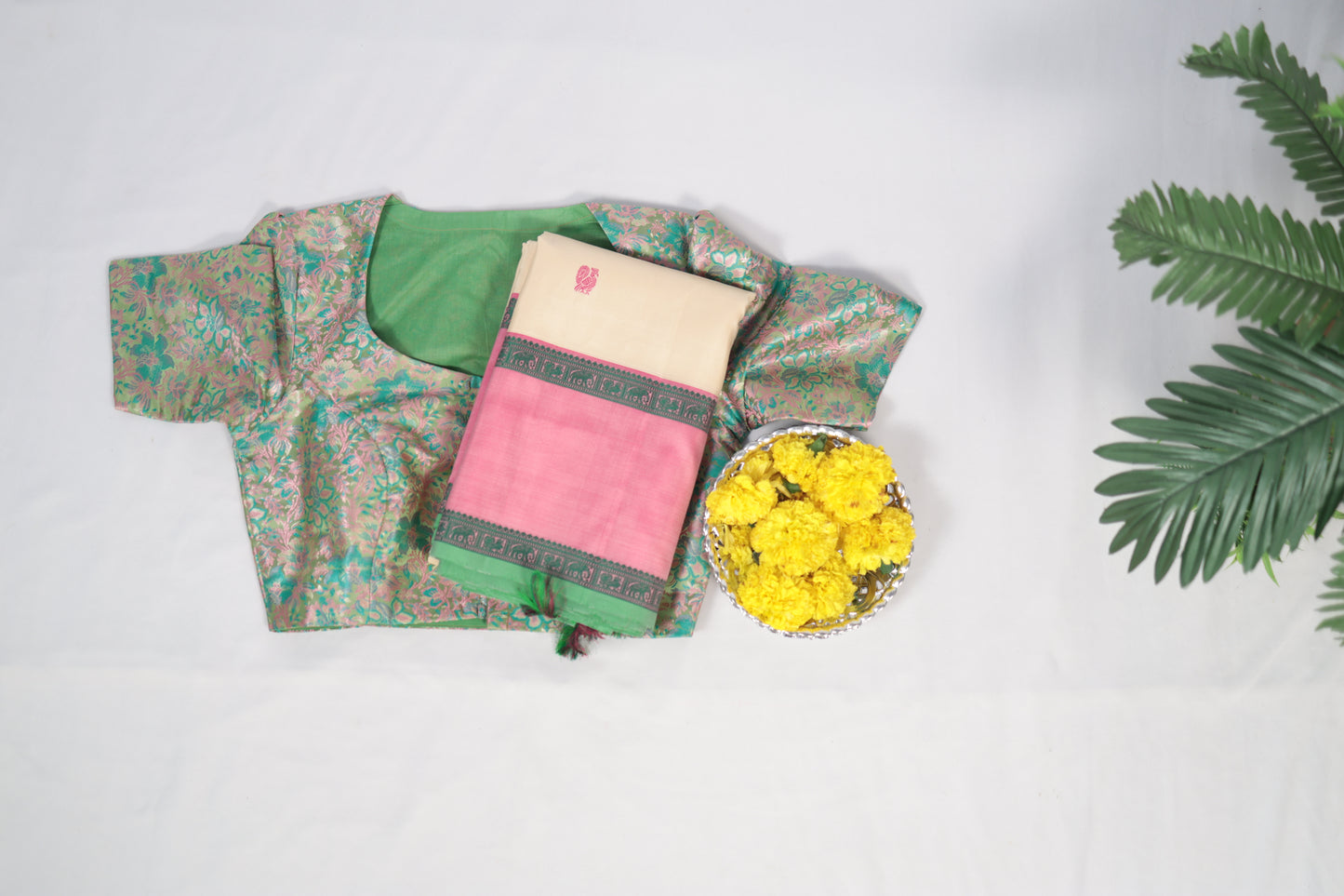 Ivory & Lotus Pink No-Zari Kanchipuram Silk Saree