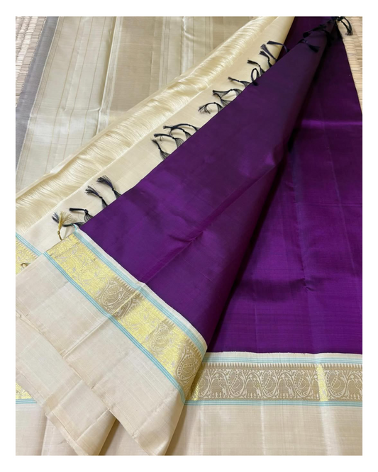 ilaa 💜✨ – Deep Purple & Royal Ivory Silk Saree
Exquisite deep purple paired with serene royal ivory accents.
Intricate 3G zari work with delicate turquoise silk thread highlights.
Vanasringaram-style border with Seer Pallu for traditional elegance.