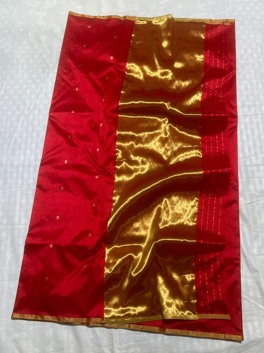 Pure tissue silk handloom red blue  with zari butta all over