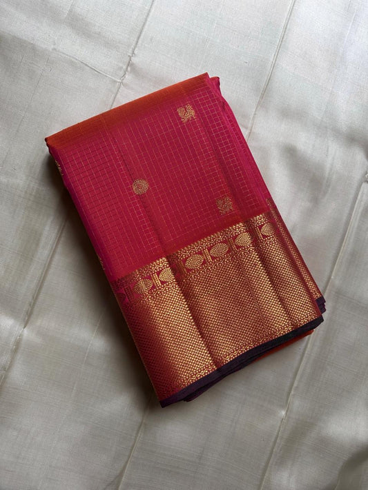 Tejas – Radiant Pink & Flaming Orange shot color Kanchipuram Silk Saree with Zari Kattam, Kamalam Buttas & Intricate Arai Maadam Pallu, Woven from an Exquisite Blend of colors