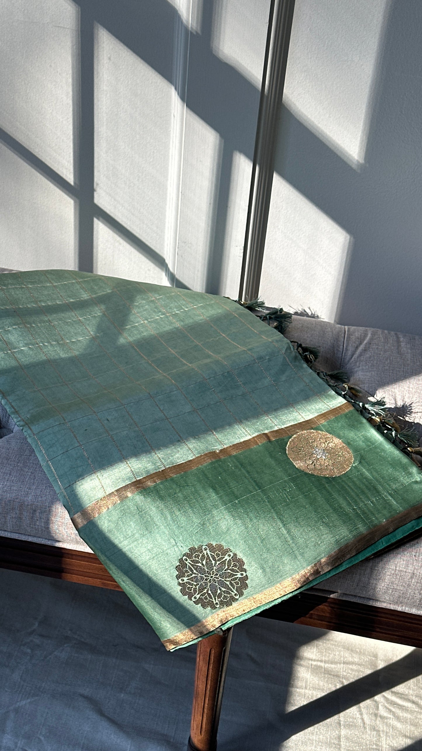 Pure silk kaduva Benares sarees “Raw mango” style - pastel green checked