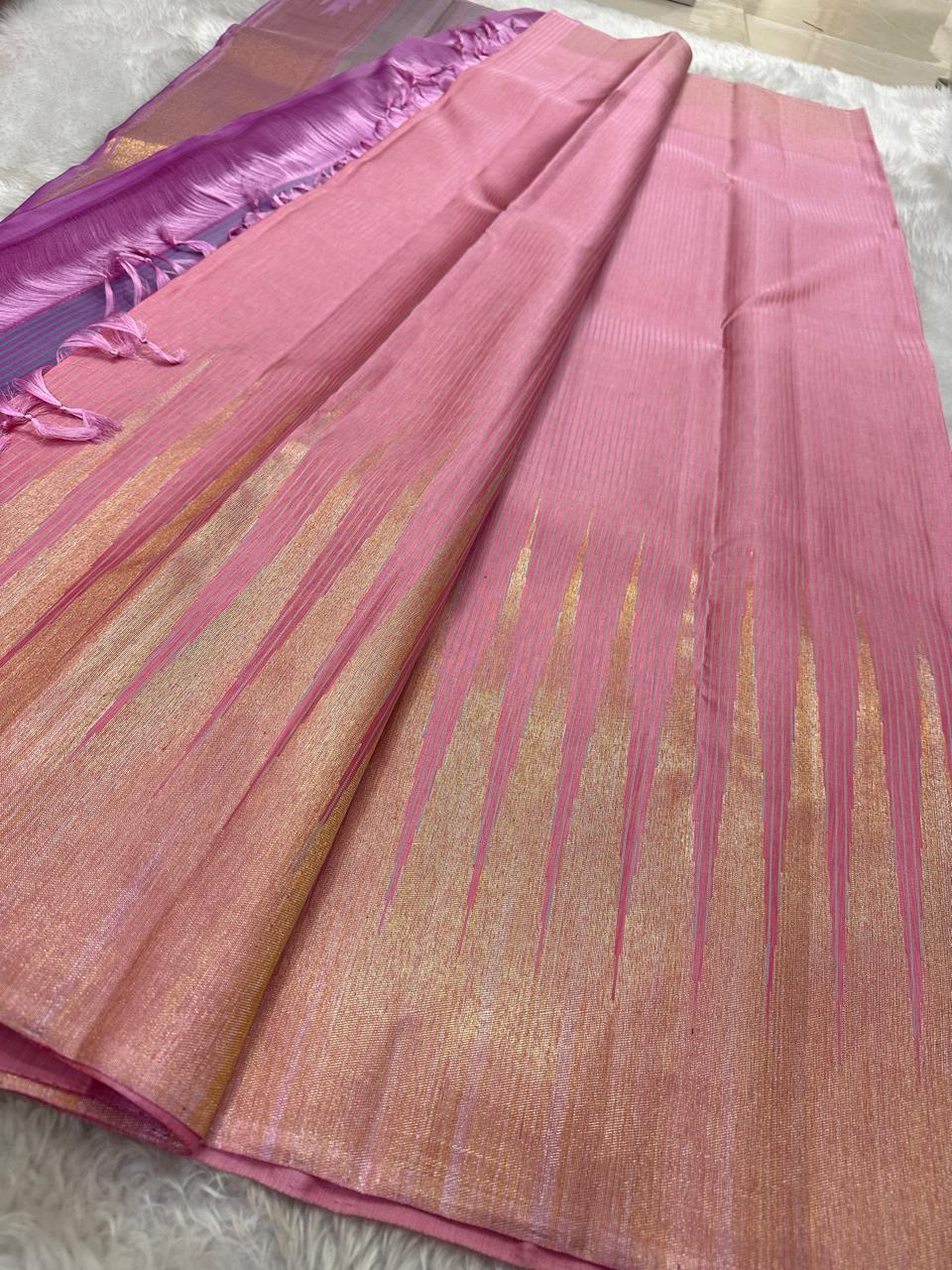 Blush pink  silk - pure silk Kanchipuram saree with gold and silver lightning motif purple and silver Pallu in a base of pink vairaoosi 💕truly special saree