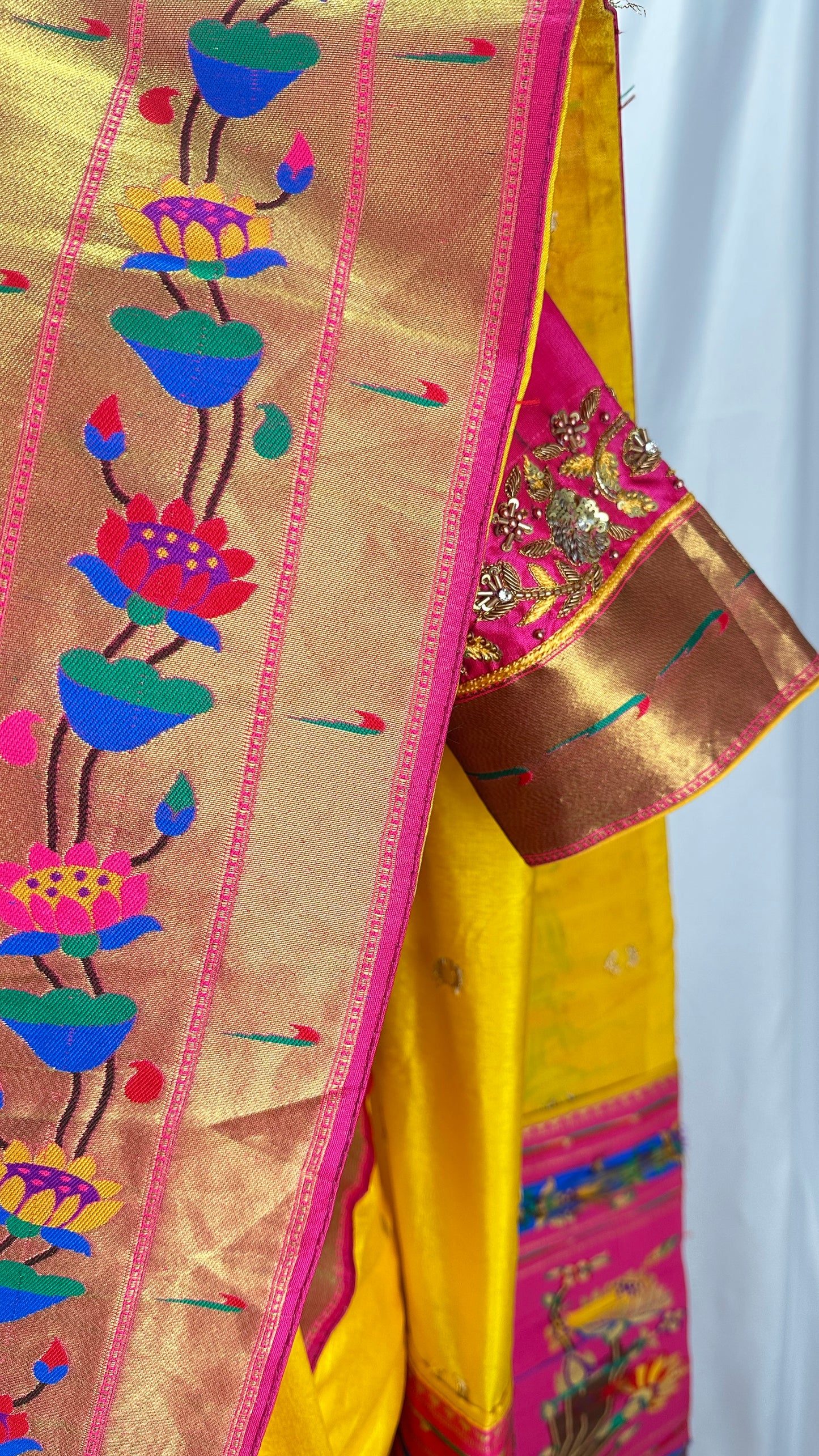 Paithani soft silk saree and embroidered blouse - Yellow and Pink