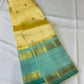 Sunlit Butter Yellow ✨ – Pure Kanchipuram Silk Saree in Butter Yellow & Sea Green with Gold Zari Temple Border & Grand Brocade Pallu – Silk Mark Certified, Fall & Pico Done, Blouse Stitching Available, ships in 2 weeks