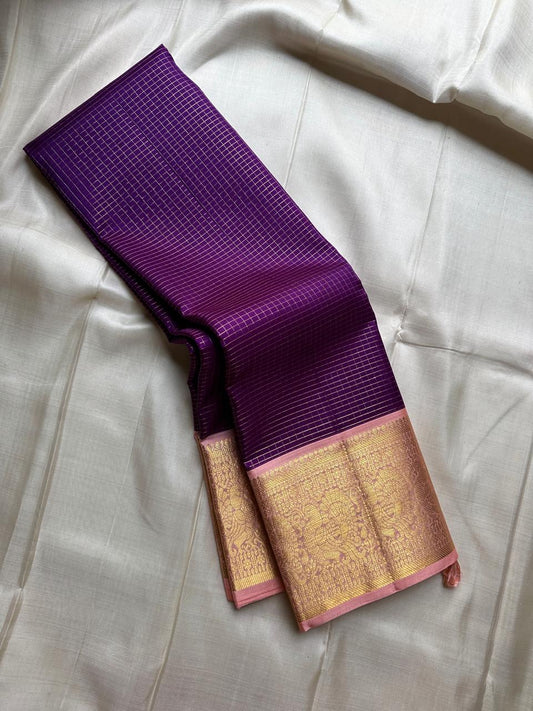 Kurinji – Regal Purple Zari Kattam Pure Kanchipuram Silk Saree with Peach Pink Border & Pallu, Intricate Zari Detailing, Matching Blouse Fabric (Silk Mark Certified, Handloom, Free USA Shipping)