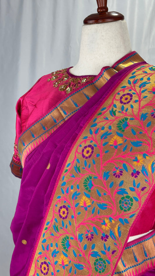 Paithani soft silk saree and embroidered blouse - purple and Pink