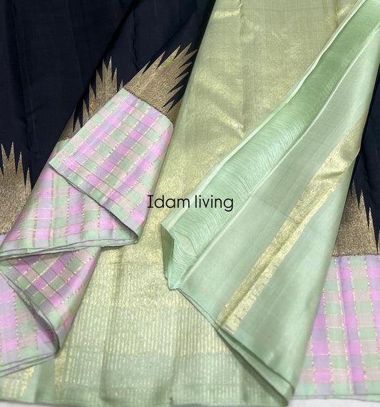 Pure Kanchipuram Silk Saree – Pastel Mint with Spring Check Blouse and 3g Ettukol Weave
