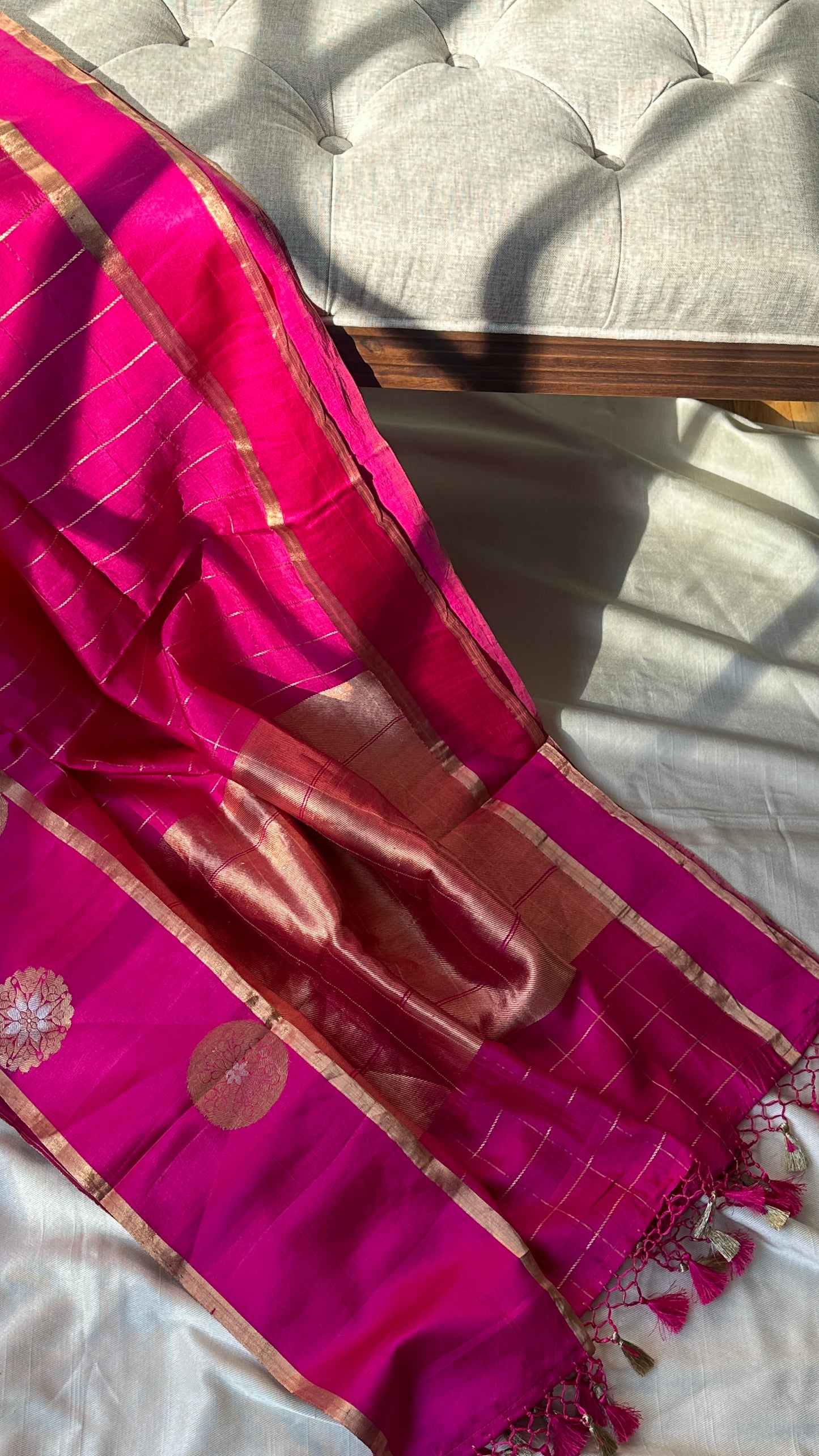 Pure silk kaduva Benares sarees “Raw mango” style - Pink checked