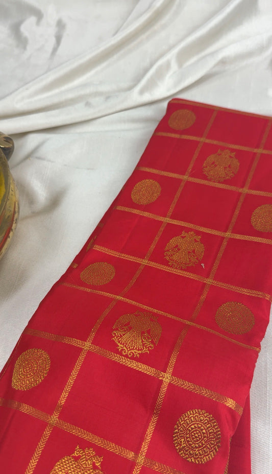 Resplendent Red Pure Kanchipuram Silk Saree With Zari Kattam Weave