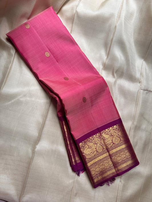 A dazzling blend of pink and purple silk, enriched with golden zari for a look that’s both festive and feminine.