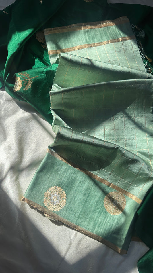 Pure silk kaduva Benares sarees “Raw mango” style - pastel green checked