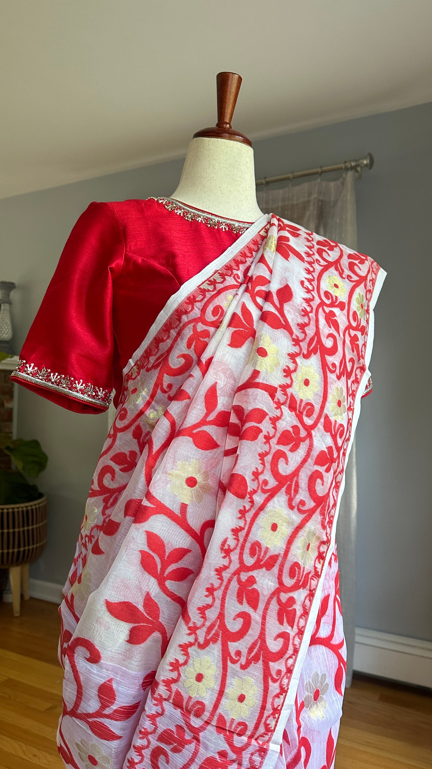 Red Jamdhani handloom saree with hand embroidered Mashru silk blouse