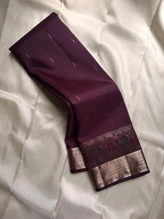 Vibha coffee Brown Pure Kanchipuram Silk Saree Blending the Grandeur of South Indian Weaving with Paithani-Inspired Floral Zari Borders and a Lustrous Rose Gold zari Pallu