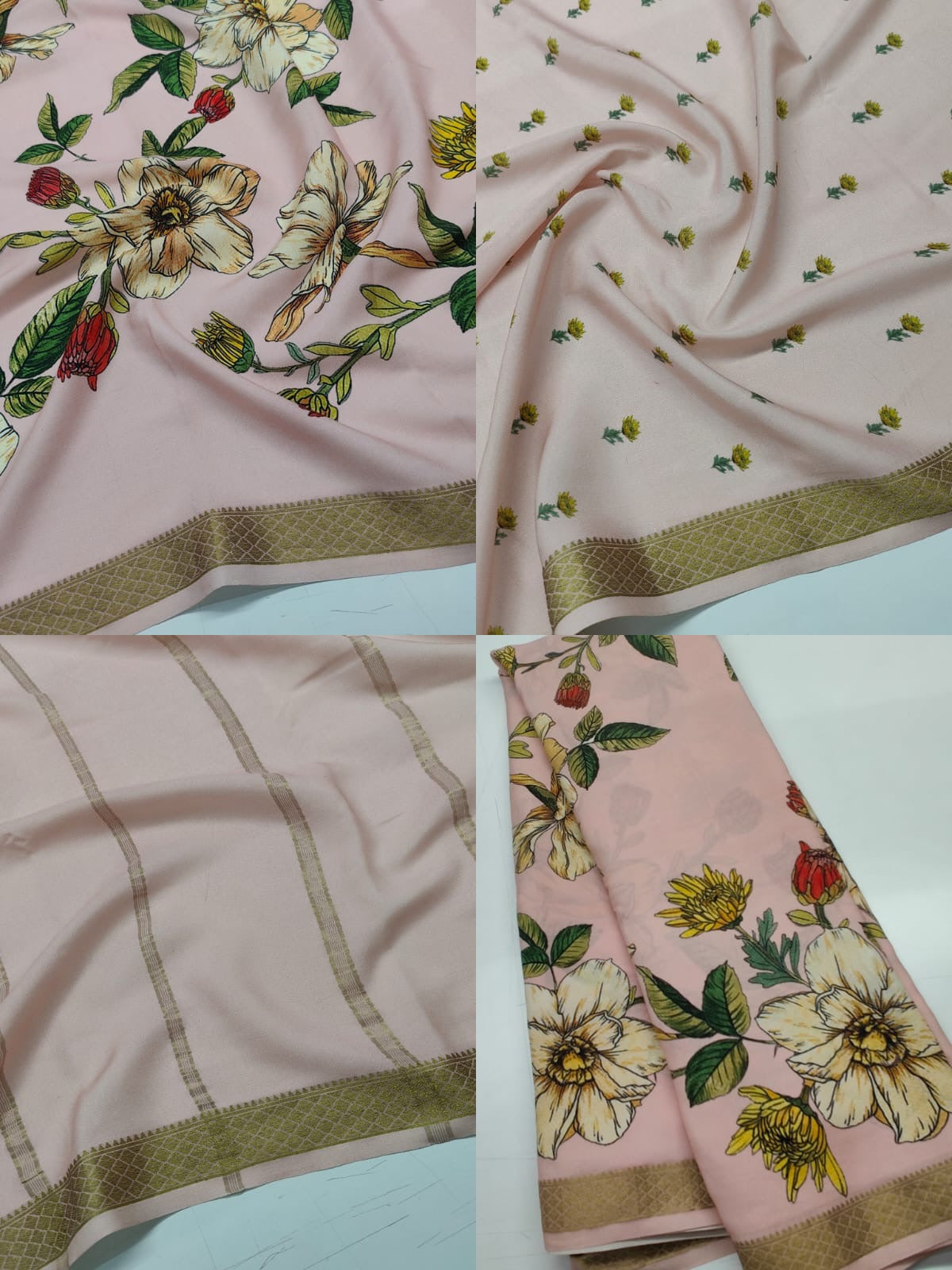 Pure Mysore Silk Crepe Saree Pastel Floral Prints with Zari Border