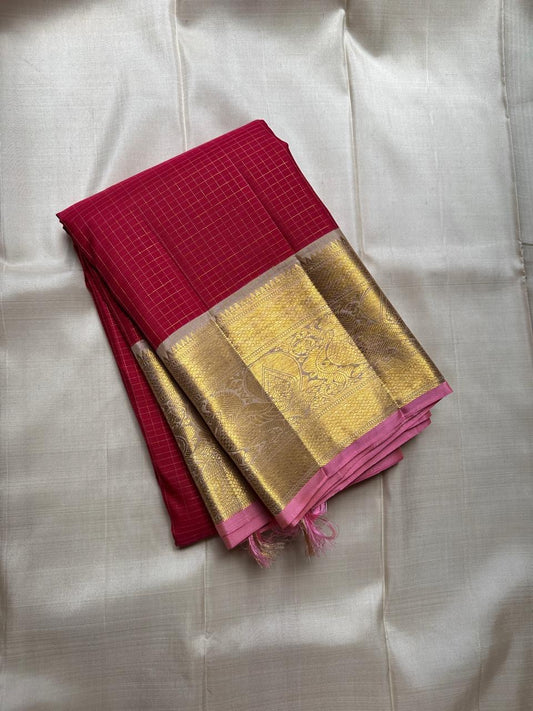Senthamarai – Deep Cherry Red Zari Kattam Pure Kanchipuram Silk Saree with Biscuit Beige Border, Pink Peacock Motifs & Zari Striped Blouse (Silk Mark Certified)