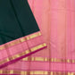 Pink pallu section with fine gold zari striping beside green silk body and rettapet border detail