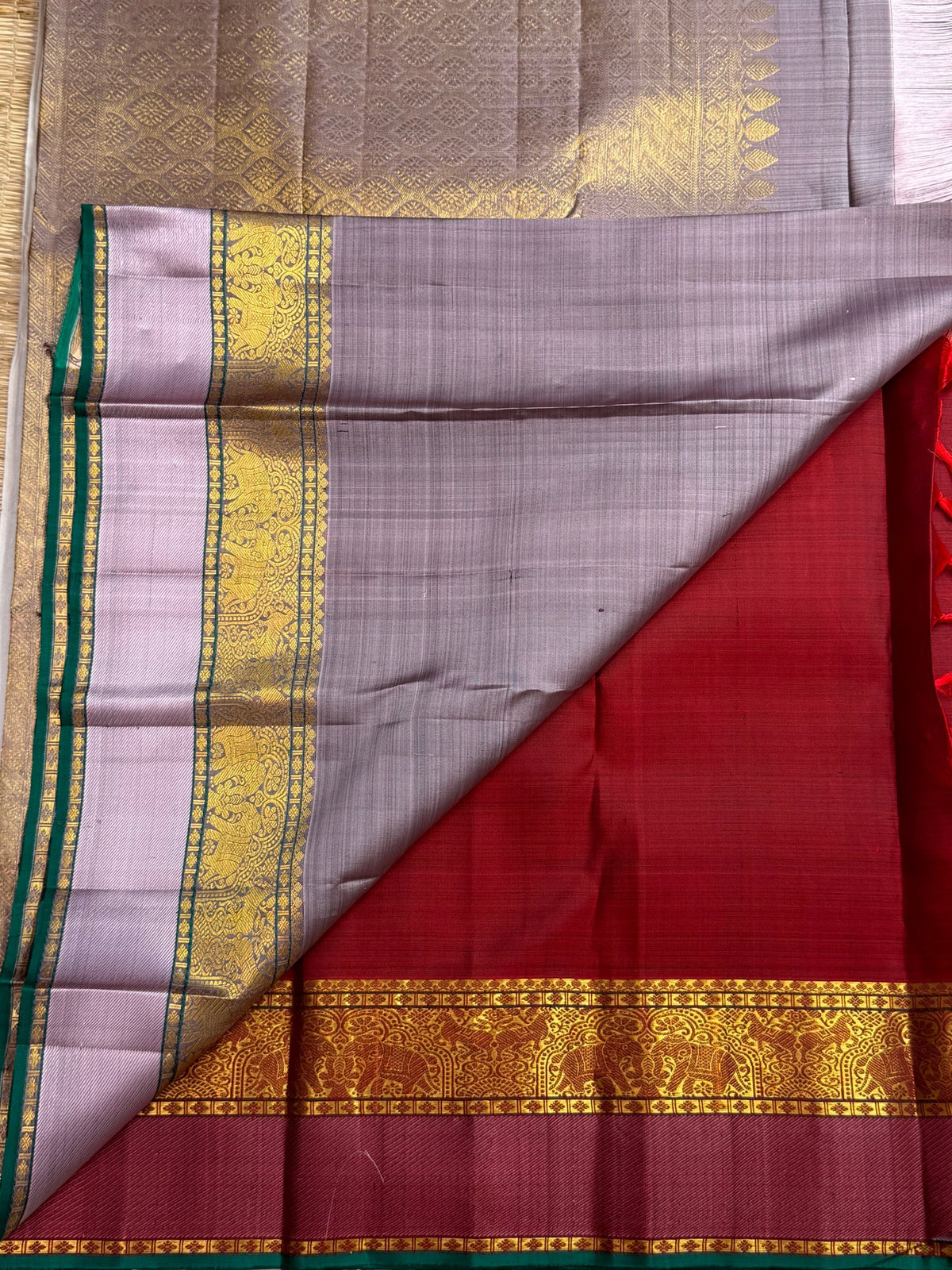 Deep Arakku red butta pure silk Kanjipuram saree with elephant zari and mauve border – view 7