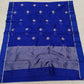 Detail of the Pattu Silk fabric and silver-toned ornamental motifs on a Royal Blue Chanderi saree