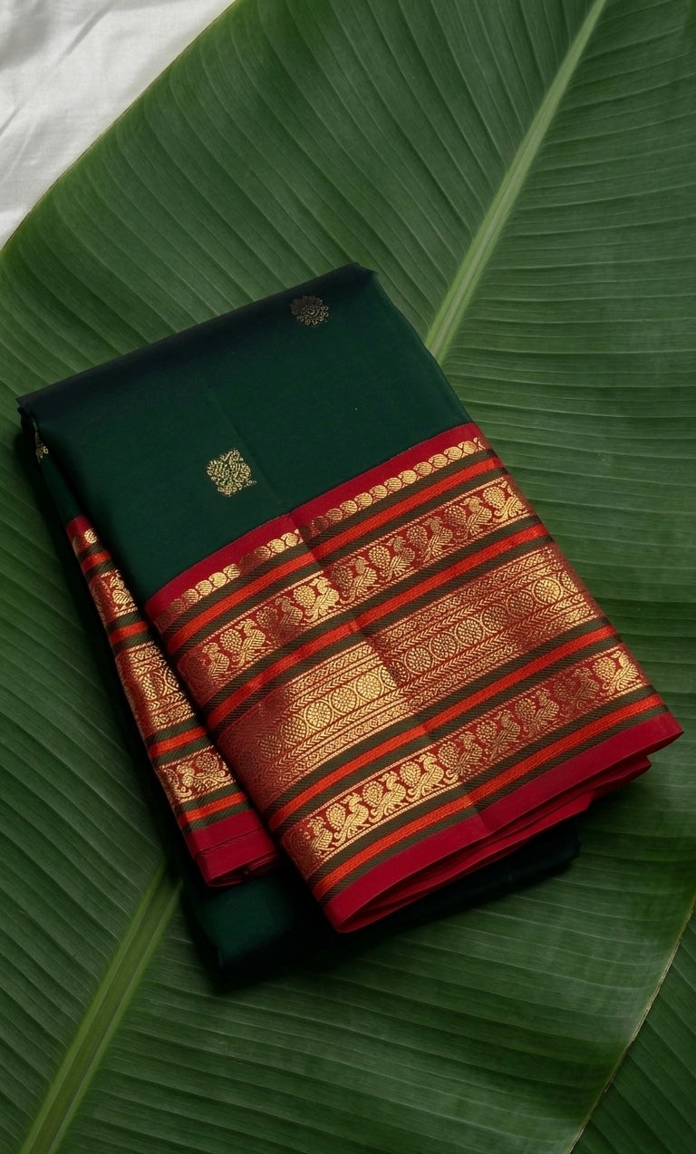 Kanchipuram Silk Saree • Varisaipet Weave • Deep Green with Classic Chili Red Border
