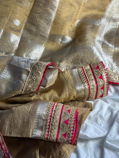 Crushed tissue silk saree and blouse - gold , silver and fuchsia pink lacework