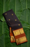 Dark charcoal and rustic cinnamon red rettapet Kancheepuram silk saree with dense gold zari pallu — Idam Living