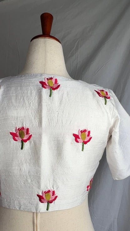 Kamala - Pure White raw silk blouse with lotus motif embroidery all over ( with sleeves )