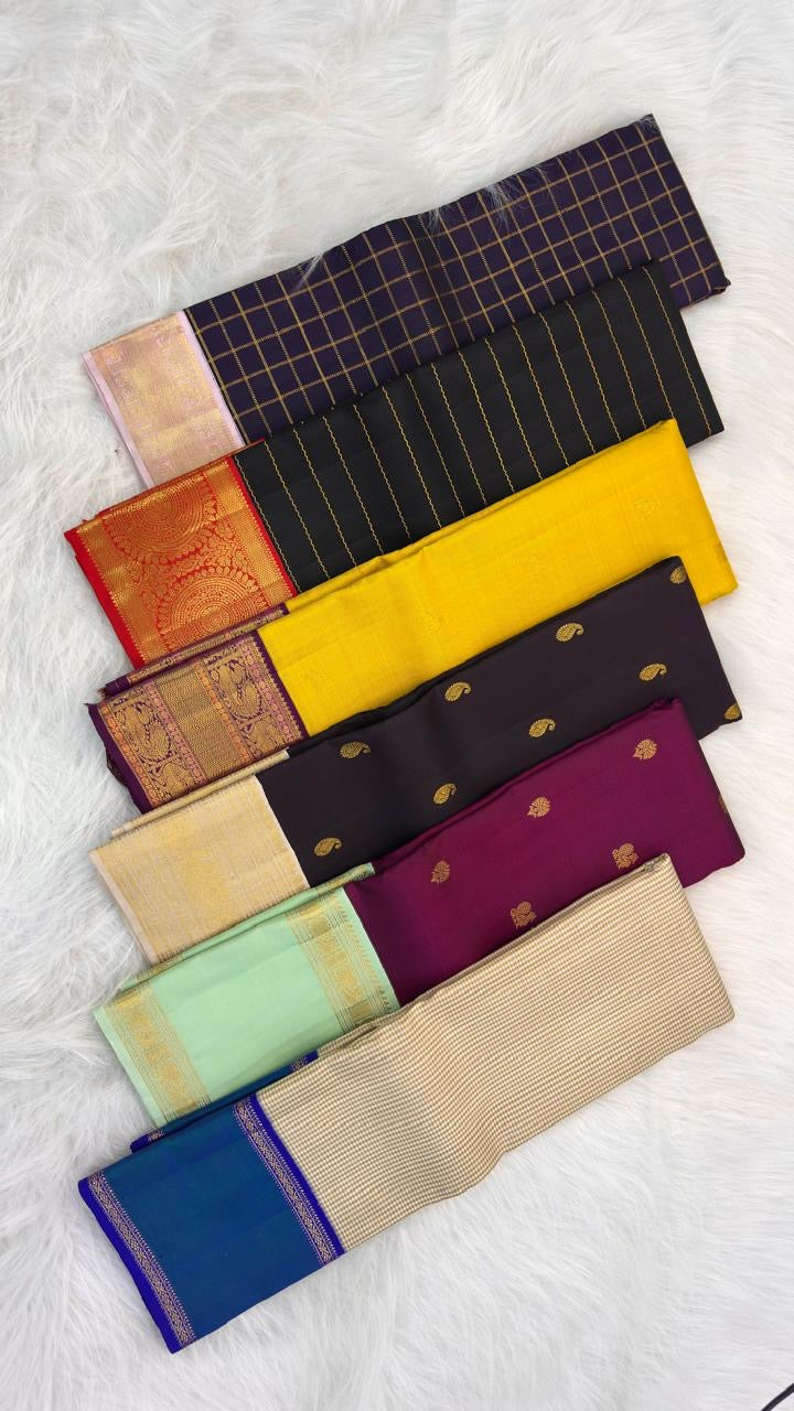 Golden Yellow and Purple Handwoven Pure Silk Kanjivaram Saree with Korvai Border and Kudhirai Butta