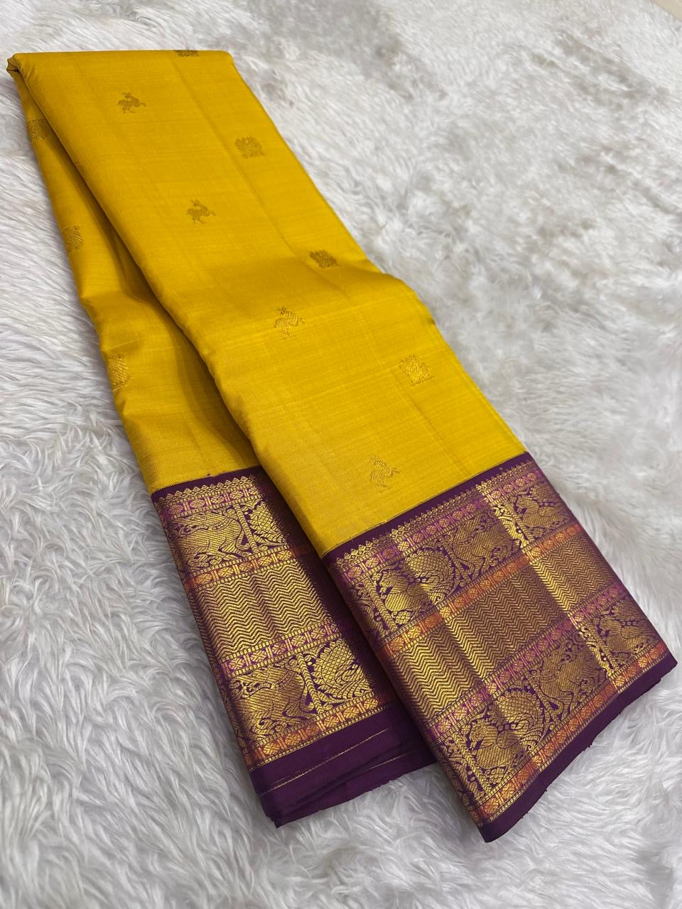 Golden Yellow and Purple Handwoven Pure Silk Kanjivaram Saree with Korvai Border and Kudhirai Butta