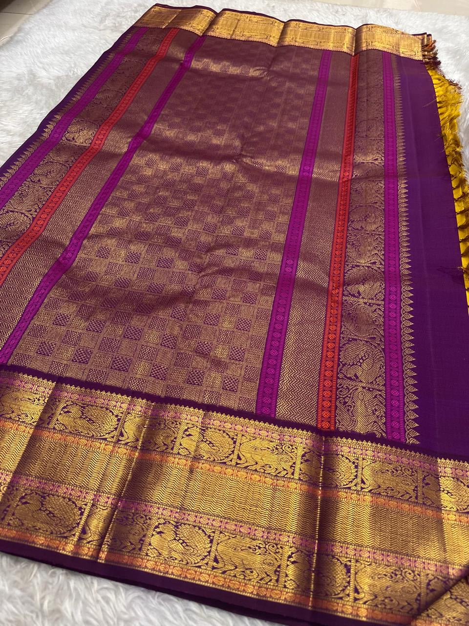 Golden Yellow and Purple Handwoven Pure Silk Kanjivaram Saree with Korvai Border and Kudhirai Butta