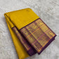 Golden Yellow and Purple Handwoven Pure Silk Kanjivaram Saree with Korvai Border and Kudhirai Butta